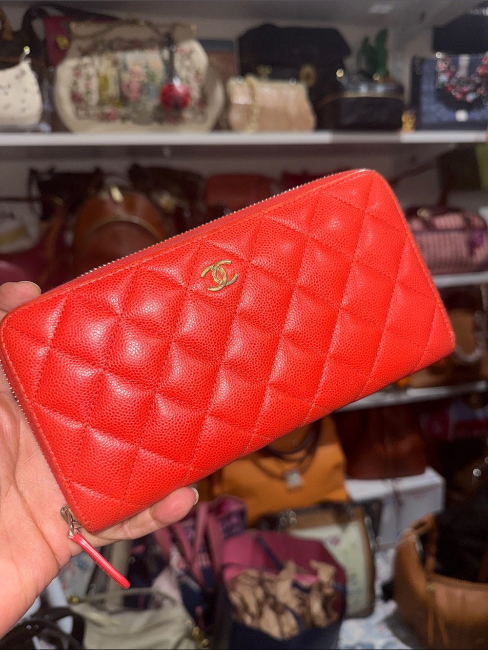 CHANEL Red Quilted CC Logo Zip-Around Wallet